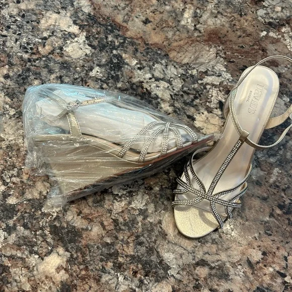 Dressy gold wedge shoes with rhinestone straps. New in box. - Picture 3 of 3